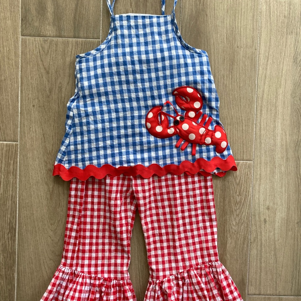 Blue and Red Gingham Outfit with Lobster Design